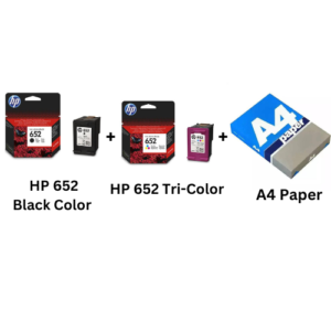 HP 652 Black Color 360 Pages Ink Cartridge + HP 652 Tri-Color 200 Pages Ink Cartridge + A4 Paper