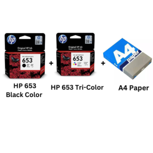 HP 653 Tri-Color Ink Cartridge – 200 Pages + HP 653 Black Ink Cartridge – 360 Pages +  A4 Paper